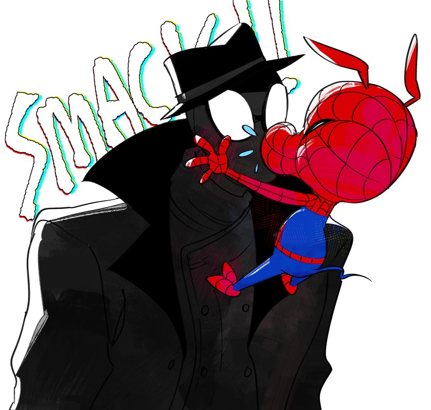 eyes_closed interspecies kissing male male/male onomatopoeia romantic romantic_couple simple_background sound_effects text white_background scepterno marvel spider-man:_spider-verse spider-man_(series) spider-ham_(character) spider-man_noir domestic_pig human mammal suid suina sus_(pig) 2023 absurd_res english_text hi_res