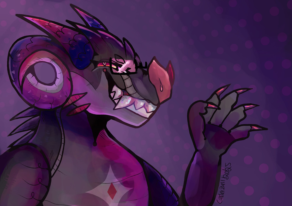 4_horns anthro belly big_teeth black_body black_scales bovid_horn caprine_horn cheek_spikes eyewear facial_spikes four_pointed_star glasses grey_belly horn male markings multi_horn neck_spikes open_mouth pattern_background purple_body purple_scales raised_hand ram_horn scales simple_background smile solo spikes spikes_(anatomy) star_(marking) teeth toothy_grin pinatareaper mythology bf_(pinatareaper) dragon mythological_creature mythological_scalie scalie digital_media_(artwork) hi_res