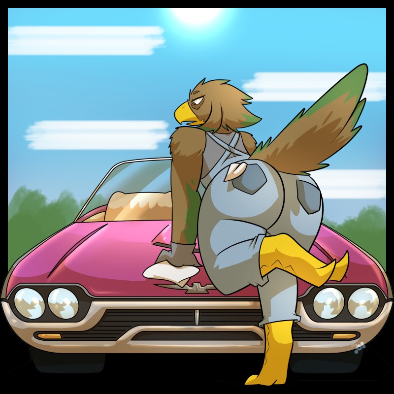 2_toes 4_fingers anthro barefoot beak bent_over big_butt bottomwear brown_body brown_eyebrows brown_eyes brown_feathers butt car car_wash clothed clothing cloud day detailed_background digitigrade eyebrows feathers feet female fingers fully_clothed light on_hood open_beak open_mouth outside overalls rear_view sky soles solo sun sunlight tail tail_feathers talons thick_thighs toes topwear vehicle wide_hips yellow_beak potoobrigham american_mythology ford indigenous_north_american_mythology mythology north_american_mythology avian bird mythological_avian mythological_bird mythological_creature mythological_rainbird mythological_thunderbird 1:1 2017 alpha_channel dated digital_media_(artwork) hi_res lighting shaded signature watermark