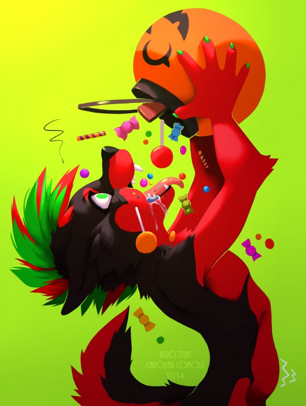 5_fingers anthro black_body black_fur black_nose bodily_fluids candy cheek_bulge claws dessert drooling eating fingers food fur gradient_background green_background green_eyes green_hair hair holding_object holidays lollipop looking_up male multicolored_hair nude red_body red_fur red_hair saliva short_hair side_view simple_background solo teeth tongue tongue_out kero_tzuki halloween syk_renstrom canid canine canis domestic_dog mammal 2014 half-length_portrait hi_res portrait