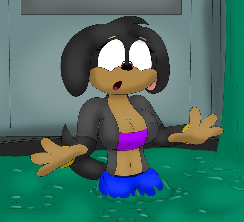 anthro black_body black_fur bottomwear clothing confusion eyebrows female fur green_slime head_tuft jacket midriff peril red_eyes sinking slime solo stuck topwear tuft mrsilveralpha steve_and_friends zoey_cole canid canine mammal hi_res