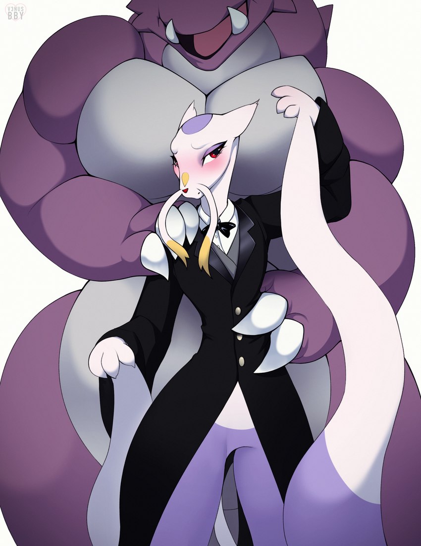 anthro bottomless bow_tie butler clothed clothing duo femboy grabbing_from_behind male male/male suit v3nusbby nintendo pokemon generation_1_pokemon generation_5_pokemon mammal mienshao mustelid nidoking pokemon_(species) hi_res