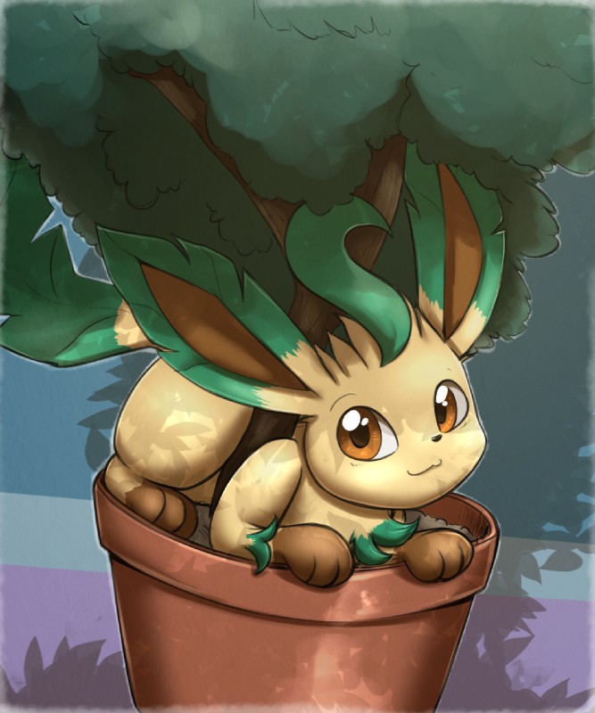 ambiguous_gender brown_body brown_eyes brown_fur daww feral fur glistening glistening_eyes lying on_front plant plant_pot potted_plant quadruped smile solo tree otakuap nintendo pokemon eeveelution generation_4_pokemon leafeon pokemon_(species) 2019 digital_media_(artwork) hi_res