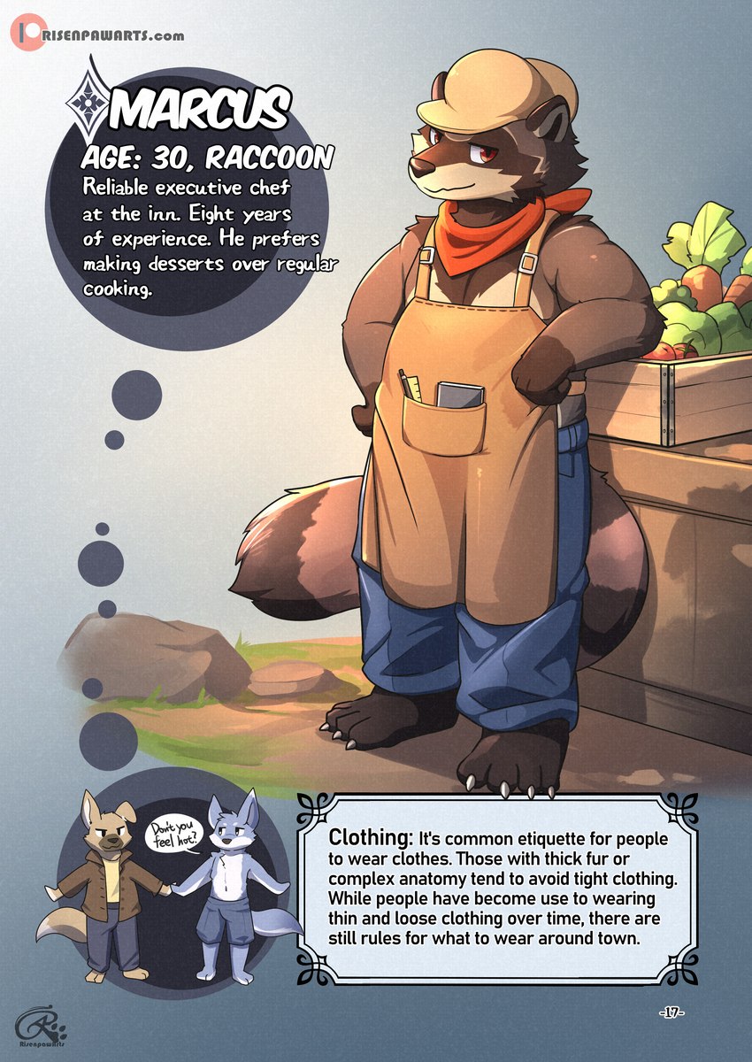 anthro apron black_text bottomwear chest_tuft claws clothing countershading food fruit fur male multicolored_body paws plant scarf shorts simple_background slightly_chubby solo text tuft white_text risenpaw andrew_(risenpaw) marcus_(risenpaw) canid canine canis domestic_dog mammal procyonid raccoon wolf absurd_res comic english_text hi_res url