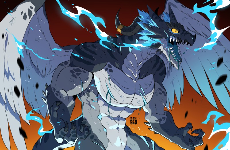 abs anthro biceps blood blue_body blue_flesh blue_scales bodily_fluids claws curved_horn electricity feathered_wings feathers featureless_crotch fighting_pose glowing glowing_eyes grey_body grey_scales horn horn_jewelry horn_ring jewelry lightning magic male muscular muscular_anthro muscular_male nude open_mouth pecs pose ring_(jewelry) roaring saliva scales scar simple_background solo standing tail teeth white_body white_scales wings wounded yellow_eyes seiryuuden european_mythology mythology xerias dragon mythological_creature mythological_scalie scalie western_dragon 2019