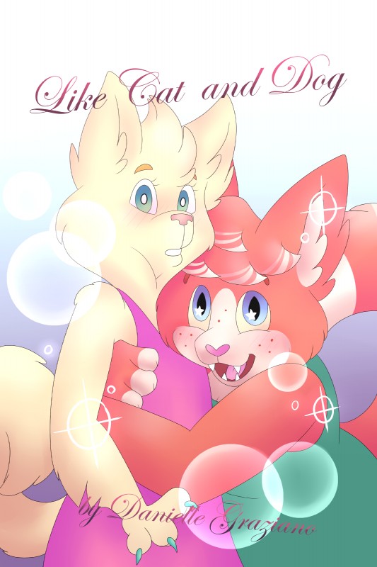 blush female female/female hug looking_at_viewer smile chocolatechippi gigi paige_(character) canid canine canis domestic_cat domestic_dog felid feline felis maine_coon mammal pomeranian spitz 2:3 absurd_res comic cover hi_res