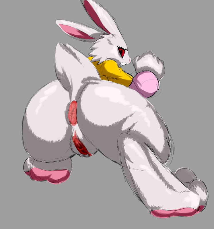 anthro anus big_anus big_butt bottomless butt clothed clothing female genitals grey_background looking_at_viewer pussy red_eyes simple_background solo jaynatorburudragon bloody_roar konami alice_the_rabbit lagomorph leporid mammal rabbit 2016 absurd_res alternate_version_at_source hi_res