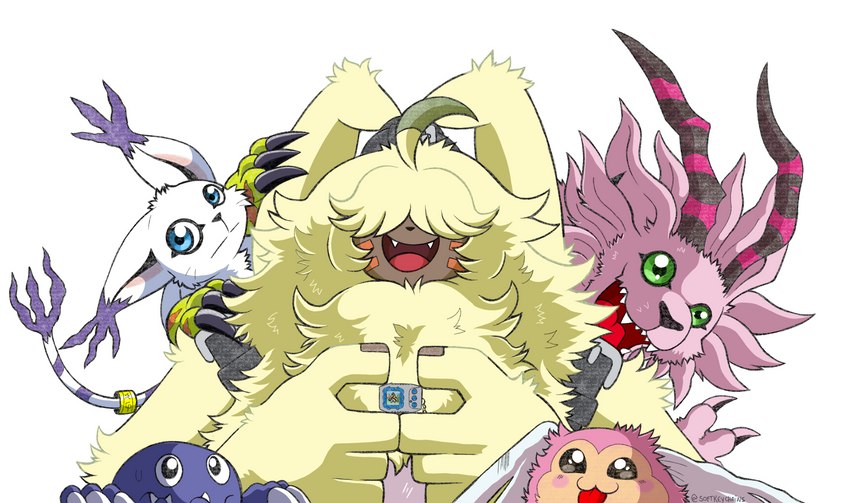 anthro belt blep blue_body blue_eyes blush female fur green_eyes group hair hair_over_eyes long_ears male pink_body pink_fur ponytail_ears smile tongue tongue_out vpet white_body white_fur yellow_body yellow_fur portugueselynx bandai_namco digimon angoramon digimon_(species) gatomon lagomorph leporid magnadramon mammal otamamon piximon rabbit hi_res