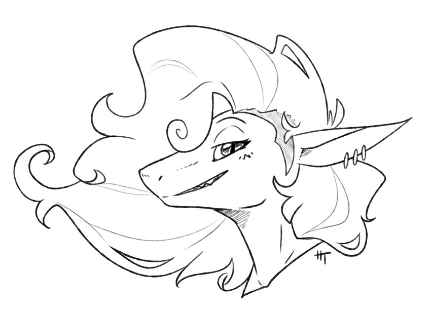 anthro ear_piercing grin hair male piercing profile side_profile side_shave smile solo teeth_showing wavy_hair honeytongue aorpheat fish marine shark black_and_white hi_res monochrome sketch