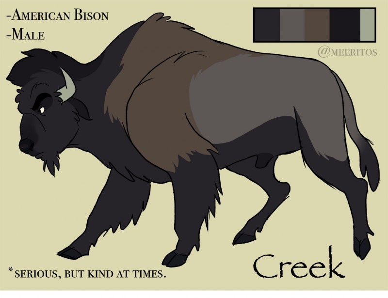 animal_genitalia back_hump big_hump black_body black_fur brown_body brown_fur fatty_humps feral fully_sheathed fur genitals grey_body grey_fur hooves horn humped_back male quadruped sheath shoulder_hump solo standing text meeritos creek_(meeritos) american_bison bison bovid bovine mammal hump_(disambiguation) english_text flat_colors hi_res model_sheet