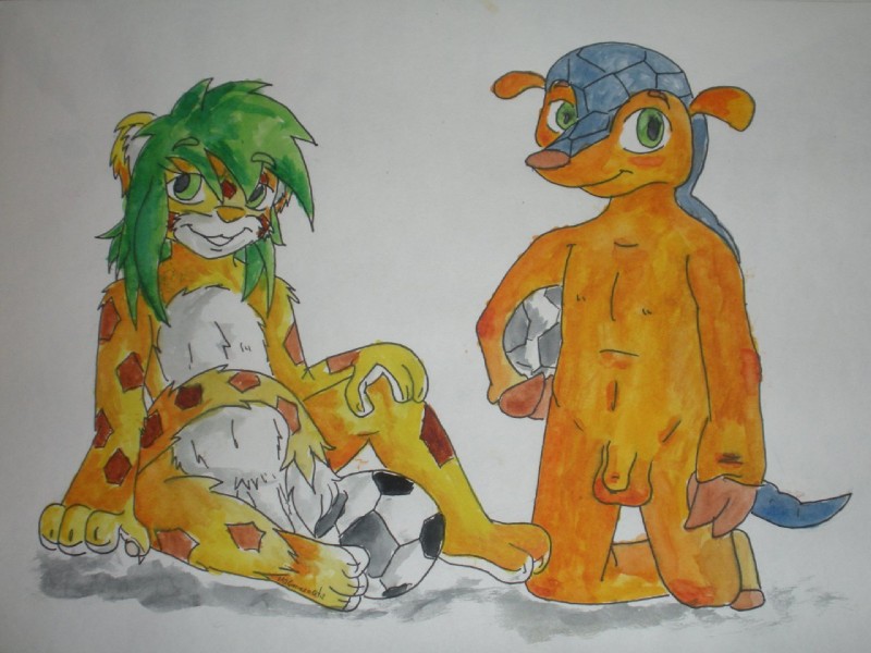 anthro ball balls duo flaccid genitals kneeling looking_at_viewer male mascot nude penis pose sitting soccer_ball young young_anthro ladyskd fifa fuleco zakumi armadillo cheetah felid feline mammal xenarthran 4:3 painting_(artwork) traditional_media_(artwork) watercolor_(artwork)