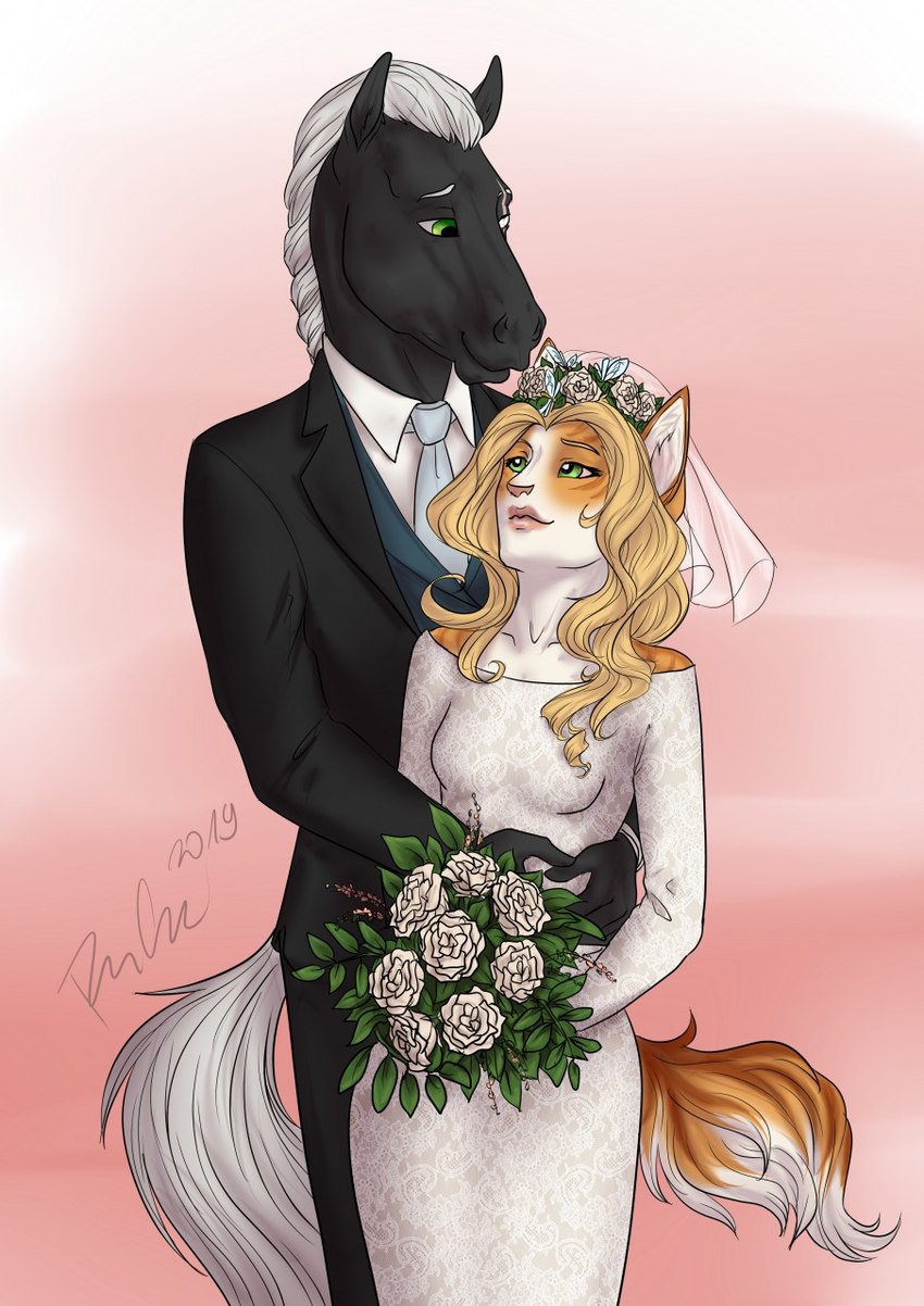 anthro blind_eye blonde_hair closed_smile clothed clothing dress duo female flower fur green_eyes grey_body grey_fur hair holding_flower holding_object humanoid_face male mouth_closed orange_body orange_fur plant smile wedding_dress white_body white_clothing white_dress white_fur white_hair rufciu biers equid equine felid horse mammal 2019 dated hi_res signature