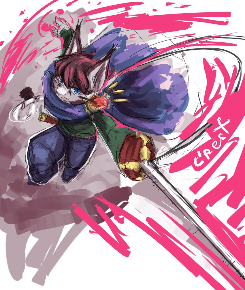 abstract_background action_pose ambiguous_gender anthro blue_bottomwear blue_clothing blue_eyes blue_pants bottomwear brown_hair cape clothed clothing dynamic ear_tuft green_clothing green_topwear hair holding_melee_weapon holding_object holding_sword holding_weapon melee_weapon pants pose pupils rapier short_hair slit_pupils solo sword topwear tuft weapon white_body kuttoyaki felid mammal absurd_res full-length_portrait hi_res portrait