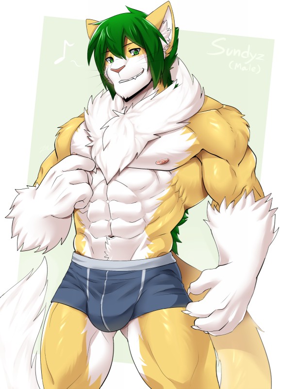 abs anthro biceps big_muscles blue_clothing blush bulge claws clothed clothing countershading crossgender eyebrows fangs fluffy fluffy_tail front_view ftm_crossgender fur green_background green_eyes green_hair grin hair inner_ear_fluff kemono long_tail looking_at_viewer male manly multicolored_body multicolored_fur muscular muscular_anthro muscular_legs muscular_male navel nipples obliques pink_nipples pink_nose pose serratus simple_background smile solo tail teeth text topless triceps tuft two_tone_body two_tone_fur underwear whiskers white_background white_body white_claws white_fur yellow_body yellow_fur sollyz sundyz domestic_cat felid feline felis mammal 2016 colored digital_media_(artwork) english_text hi_res pinup shaded