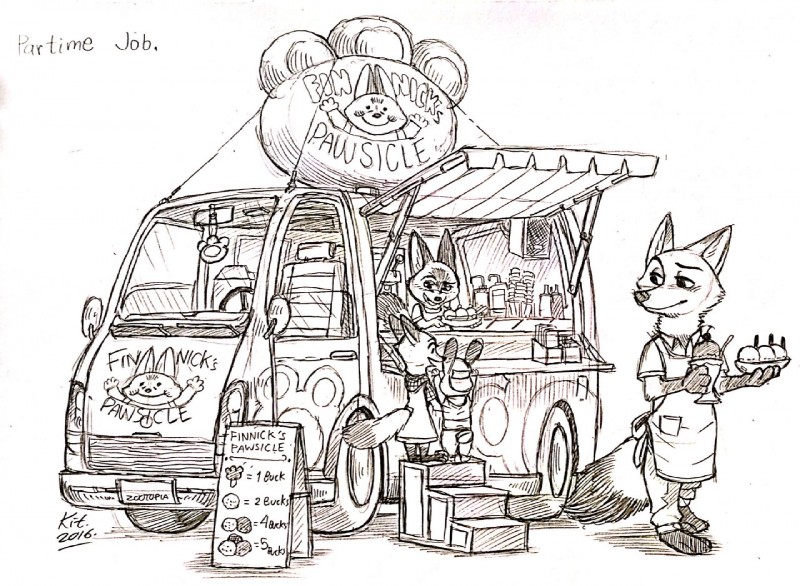 anthro apron clothing commercial_vehicle delivery_(commerce) delivery_vehicle dessert female food food_truck group ice_cream male medium_truck multi-stop_van pawpsicle popsicle simple_background text truck_(vehicle) van vehicle white_background young young_anthro kit-ray-live disney zootopia finnick_(zootopia) nick_wilde canid canine fennec_fox fox mammal red_fox true_fox english_text graphite_(artwork) greyscale monochrome traditional_media_(artwork)