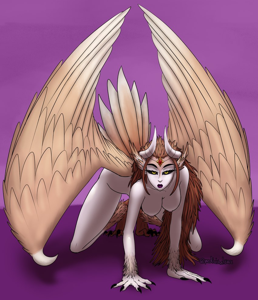 all_fours black_sclera breasts brown_hair feather_hair feathers feet female folded_wings hair horn lipstick looking_at_viewer makeup nude pseudo_hair purple_background simple_background solo talons toes wings medicinal_succ european_mythology greek_mythology mythology avian harpy humanoid mythological_avian mythological_creature absurd_res hi_res