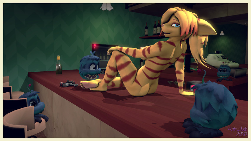 alcohol anthro beverage border breasts female furniture group nipples nude on_table table yellow_border doctor_ark ratchet_and_clank sony_corporation sony_interactive_entertainment warfare_machine angela_cross warfare_angela humanoid lombax mammal protopet 16:9 3d_(artwork) digital_media_(artwork) widescreen