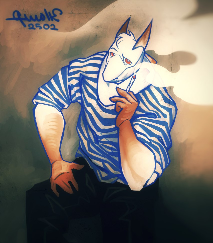 abstract_background albino anthro cigarette clothing looking_at_viewer male multicolored_body musclegut muscular muscular_male pattern_clothing sailor sailor_uniform sitting slightly_chubby smoke smoking solo stocky striped_clothing stripes uniform gwolk fish mackerel_shark marine shark white_shark absurd_res hi_res