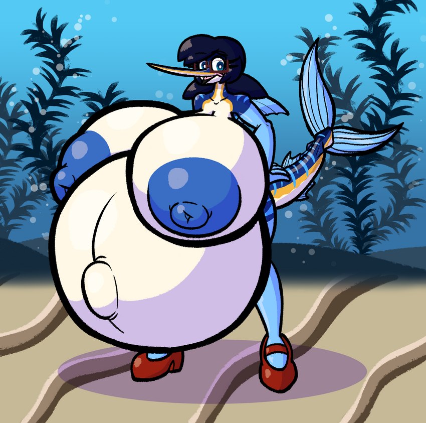 anthro areola belly big_belly big_breasts blue_body blue_eyes breasts clothing countershading eyelashes eyewear female fin fish_tail footwear glasses hand_on_hip high_heels huge_belly huge_breasts hyper hyper_belly hyper_breasts hyper_pregnancy mature_female navel navy_hair nipples non-mammal_breasts non-mammal_nipples nude outie_navel pointy_nose pregnant pregnant_anthro pregnant_female puffy_areola puffy_nipples shoes solo striped_body stripes underwater water white_body white_countershading sprucy marilyn_(sprucy) billfish fish istiophoriform marine marlin hi_res