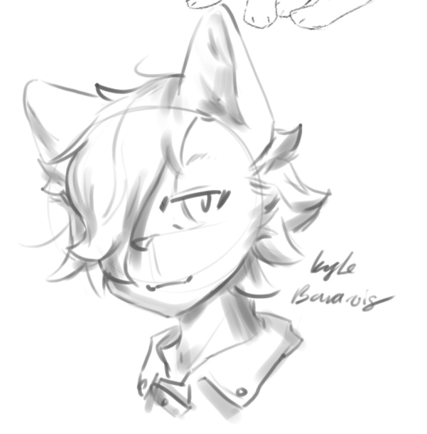 anthro hair hair_over_eye male one_eye_obstructed solo text young snepause cyberconnect2 fuga:_melodies_of_steel little_tail_bronx kyle_bavarois domestic_cat felid feline felineko felis mammal english_text headshot_portrait monochrome portrait sketch