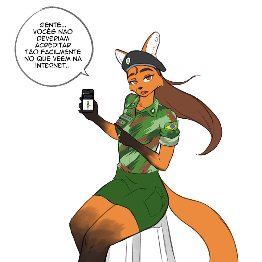 anthro army_uniform biped brazil brazilian brazilian_flag cellphone clothed clothing dialogue electronics female gesture hand_gesture looking_at_viewer multicolored_body phone pointing simple_background solo talking_to_viewer text two_tone_body naythf miranda_(naythf) canid canine mammal maned_wolf 1:1 absurd_res hi_res portuguese_text translated