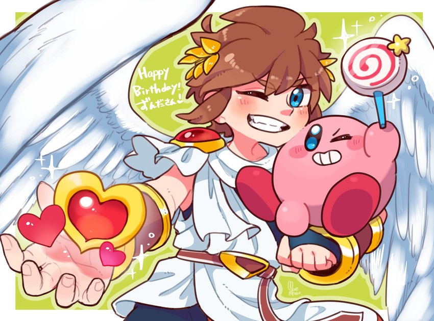 5_fingers blue_eyes blush brown_hair candy clothing dessert duo feathered_wings feathers fingers food hair heart_symbol light_body light_skin lollipop looking_at_viewer male not_furry one_eye_closed simple_background smile wings wink butanchu0426 kid_icarus kirby_(series) nintendo kirby pit_(kid_icarus) alien angel humanoid waddling_head winged_humanoid crossover hi_res