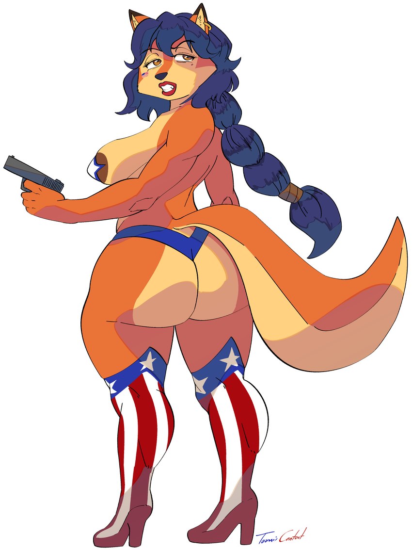 american_flag anthro areola areola_slip big_breasts big_butt biped blue_clothing blue_legwear blue_panties blue_stockings blue_thong blue_underwear braided_hair breasts butt clothing countershade_butt countershading ear_piercing ear_ring female flag flag_print footwear fur gun hair high_heels holding_gun holding_object holding_ranged_weapon holding_weapon holidays legwear multicolored_clothing multicolored_legwear multicolored_stockings panties pasties pattern_clothing pattern_legwear pattern_stockings piercing ranged_weapon red_clothing red_footwear red_high_heels red_legwear red_stockings ring_piercing shoes smile solo standing star_pasties star_polygon star_symbol stockings striped_clothing striped_legwear striped_stockings stripes thick_thighs thigh_highs thong underwear united_states_of_america weapon white_clothing white_legwear white_stockings wide_hips yellow_body yellow_fur toonarscontent 4th_of_july sly_cooper_(series) sony_corporation sony_interactive_entertainment sucker_punch_productions carmelita_fox canid canine fox mammal absurd_res digital_media_(artwork) full-length_portrait hi_res portrait