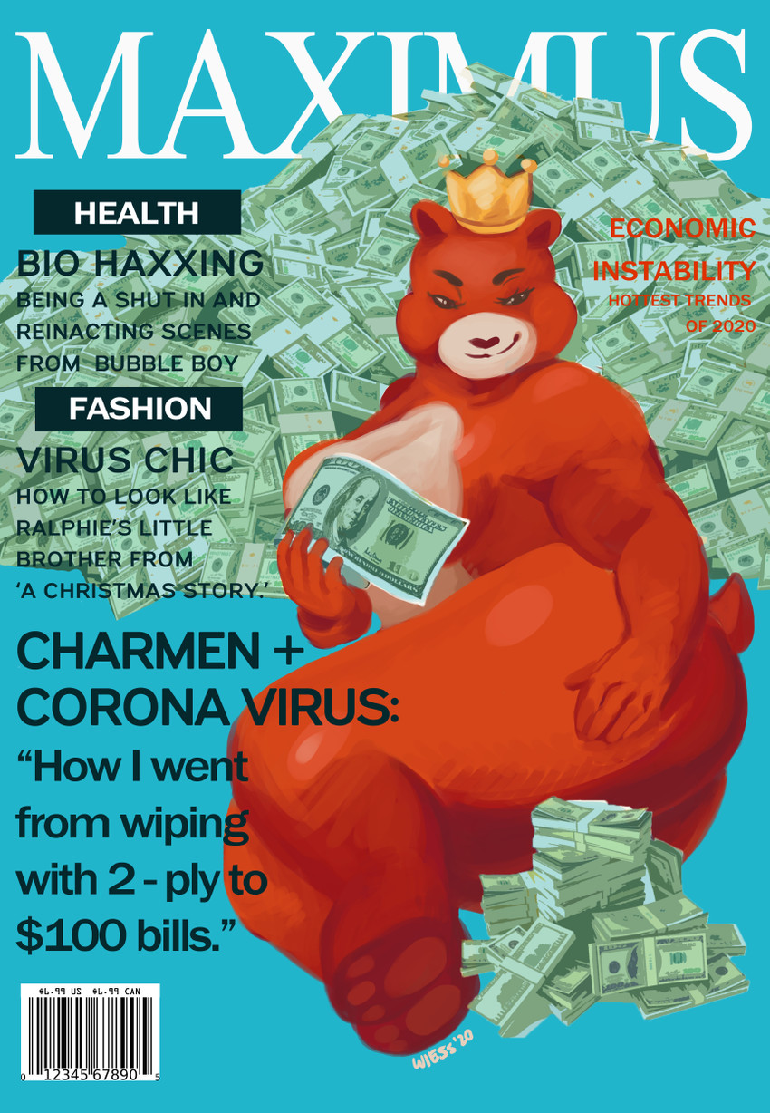 anthro big_breasts big_butt breasts butt convenient_censorship crown curvy_figure female fur headgear magazine mascot mature_anthro mature_female money nude parody pawpads pose red_body red_fur smug solo text thick_thighs voluptuous wiess charmin charmin_bear charmin_ultra_strong_mom bear mammal english_text hi_res pinup