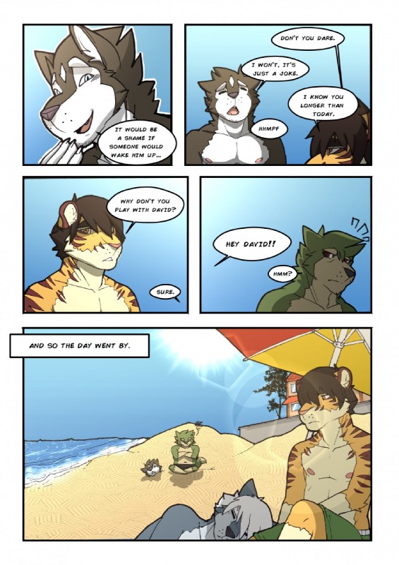 anthro beach blue_body blue_eyes blue_fur clothing dialogue eyes_closed fur green_body green_fur group male nipples outside pink_nose sand seaside sleeping speech_bubble sulking text umbrella white_body white_fur baraking canid canine canis domestic_dog felid husky mammal nordic_sled_dog spitz 2015 comic digital_media_(artwork) english_text hi_res story