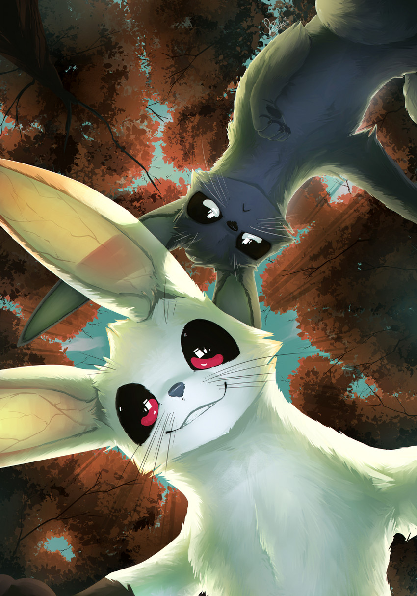 albino big_ears black_body black_fur black_sclera feral forest fur looking_at_viewer male plant red_eyes sky smile subsurface_scattering tree vein whiskers white_body white_eyes white_fur feretta candle_and_ashes hadanin lagomorph mammal digital_media_(artwork) hi_res shaded