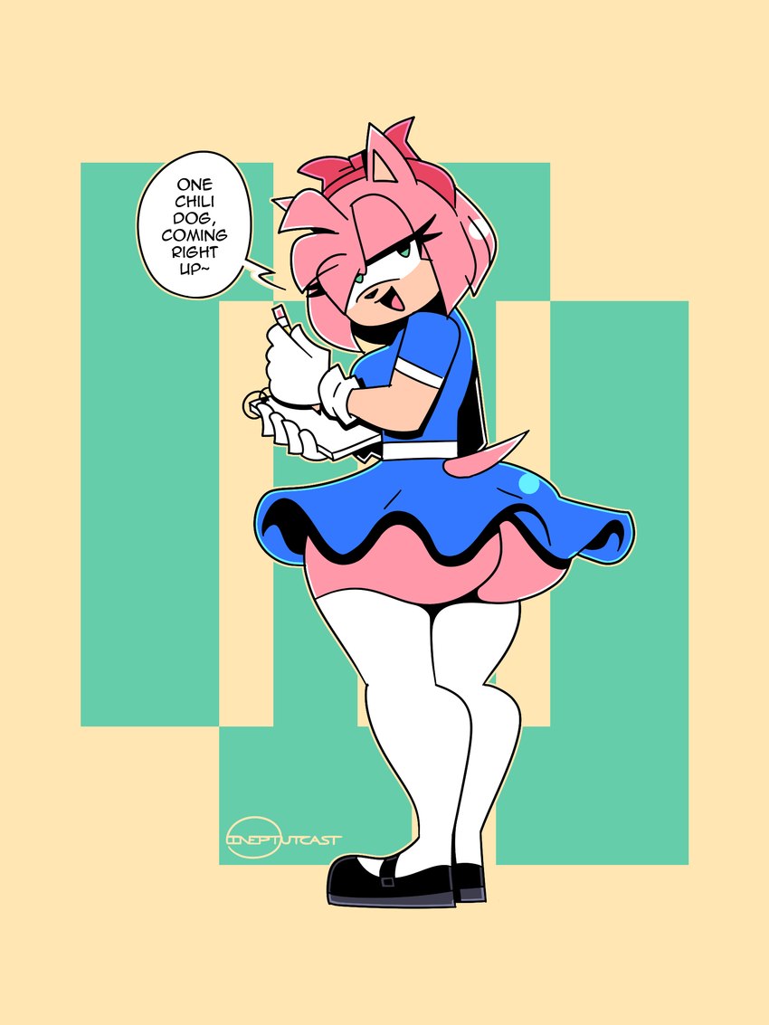 anthro big_butt biped blue_clothing blue_dress breasts butt clothed clothing dialogue dress female hair legwear looking_at_viewer looking_back medium_breasts no_underwear pink_body pink_hair pupils solo speech_bubble standing text thick_thighs thigh_highs wide_hips ineptoutcast_(artist) sega sonic_the_hedgehog_(series) amy_rose eulipotyphlan hedgehog mammal 3:4 absurd_res hi_res