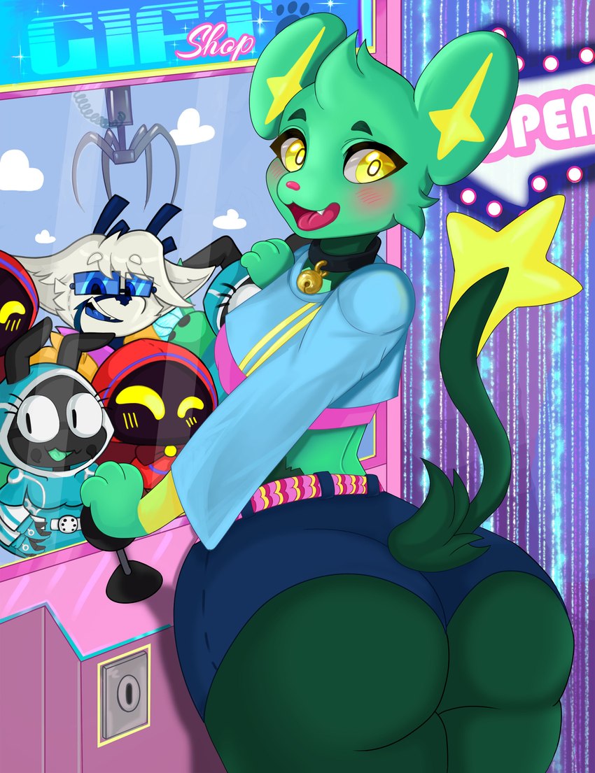 3_fingers anthro anthrofied arm_markings bell bell_collar belt big_butt black_collar blue_bottomwear blue_clothing blue_shirt blue_shorts blue_topwear blush bottom_heavy bottomwear butt clothing collar crane_game crop_top cute_fangs fangs female femboy fingers fur green_body green_fur green_hair hair inside looking_at_viewer looking_back male markings midriff open_mouth pink_belt pink_clothing pink_nose pink_shirt pink_topwear plushie pokemorph pupils rear_view shirt shorts smile solo teeth text thick_thighs topwear wide_hips wrist_markings yellow_body yellow_eyes yellow_fur yellow_inner_ear yellow_pupils hummerhere nintendo pokemon fan_character leo_the_magician phoebe_(felino) shinx_(strikerman) spot_(skweekers) felid feline generation_4_pokemon mammal pokemon_(species) shinx 2023 absurd_res digital_media_(artwork) english_text hi_res male_(lore)