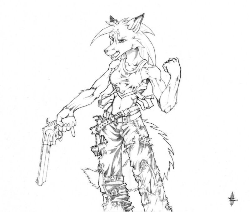 5_fingers anthro breasts clothed clothing collarbone female fingers fist fluffy fluffy_tail front_view frown fully_clothed fur gun handgun holding_gun holding_handgun holding_object holding_ranged_weapon holding_revolver holding_weapon light_body light_fur light_hair light_pants muscular muscular_anthro muscular_female open_mouth ranged_weapon revolver simple_background skimpy snout solo standing tail taurus_44 weapon white_background hobbes_maxwell canid canine canis mammal wolf greyscale monochrome