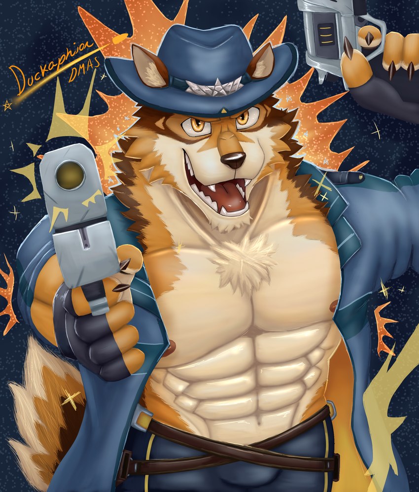 anthro barrel male muscular muscular_anthro muscular_male solo duckaphion lifewonders live_a_hero barrel_(live_a_hero) canid canine canis mammal wolf absurd_res hi_res