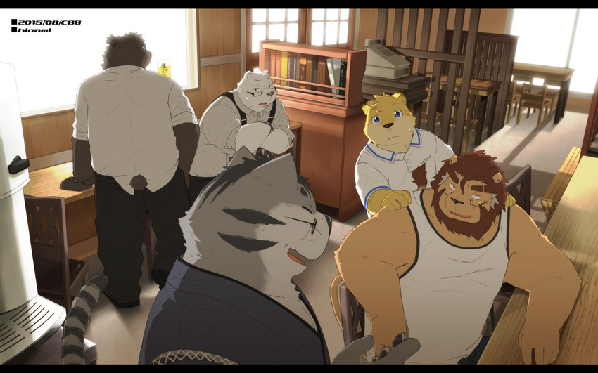 anthro black_bars bottomwear clothing eyewear glasses group inside kemono male pants shirt sitting slightly_chubby topwear hinami bear canid canine canis domestic_dog felid feline lion mammal pantherine polar_bear ursine 16:10 2015 hi_res letterbox widescreen