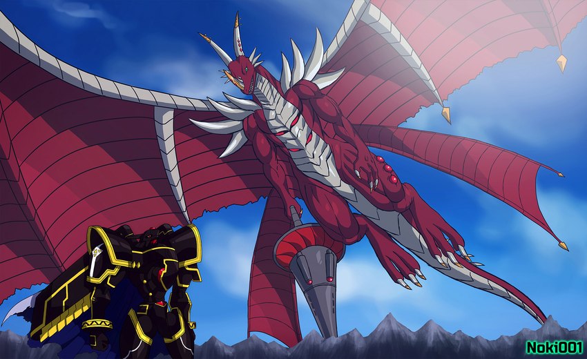 ambiguous_gender anthro armor black_armor blue_sky cape clothing duo featureless_crotch green_eyes holding_object horn large_wings long_tail male markings mountain muscular red_body sharp_teeth sky spikes tail teeth yellow_markings noki001 bandai_namco digimon mythology alphamon digimon_(species) dragon examon mythological_creature mythological_scalie scalie x-digimon hi_res