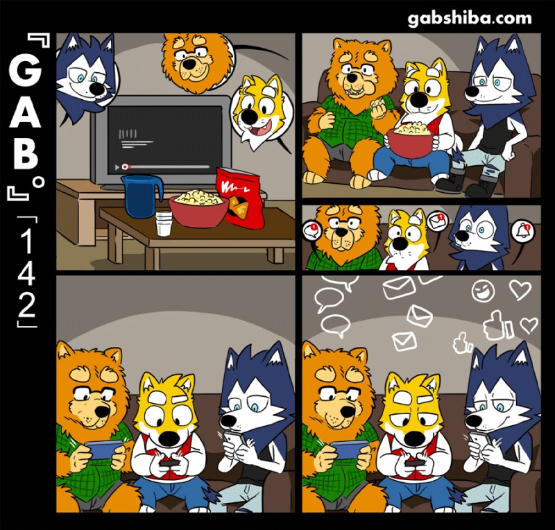 anthro barefoot blue_body blue_fur boots clothing electronics email eyewear feet food footwear fur glasses male nachos notifications orange_body orange_fur phone popcorn shoes smile tablet television text texting the_truth watching_movie white_body white_fur yellow_body yellow_fur gabshiba gab_(comic) bau_husky gab_shiba wang_chow canid canine canis chow_chow domestic_dog husky mammal nordic_sled_dog shiba_inu siberian_husky spitz comic url