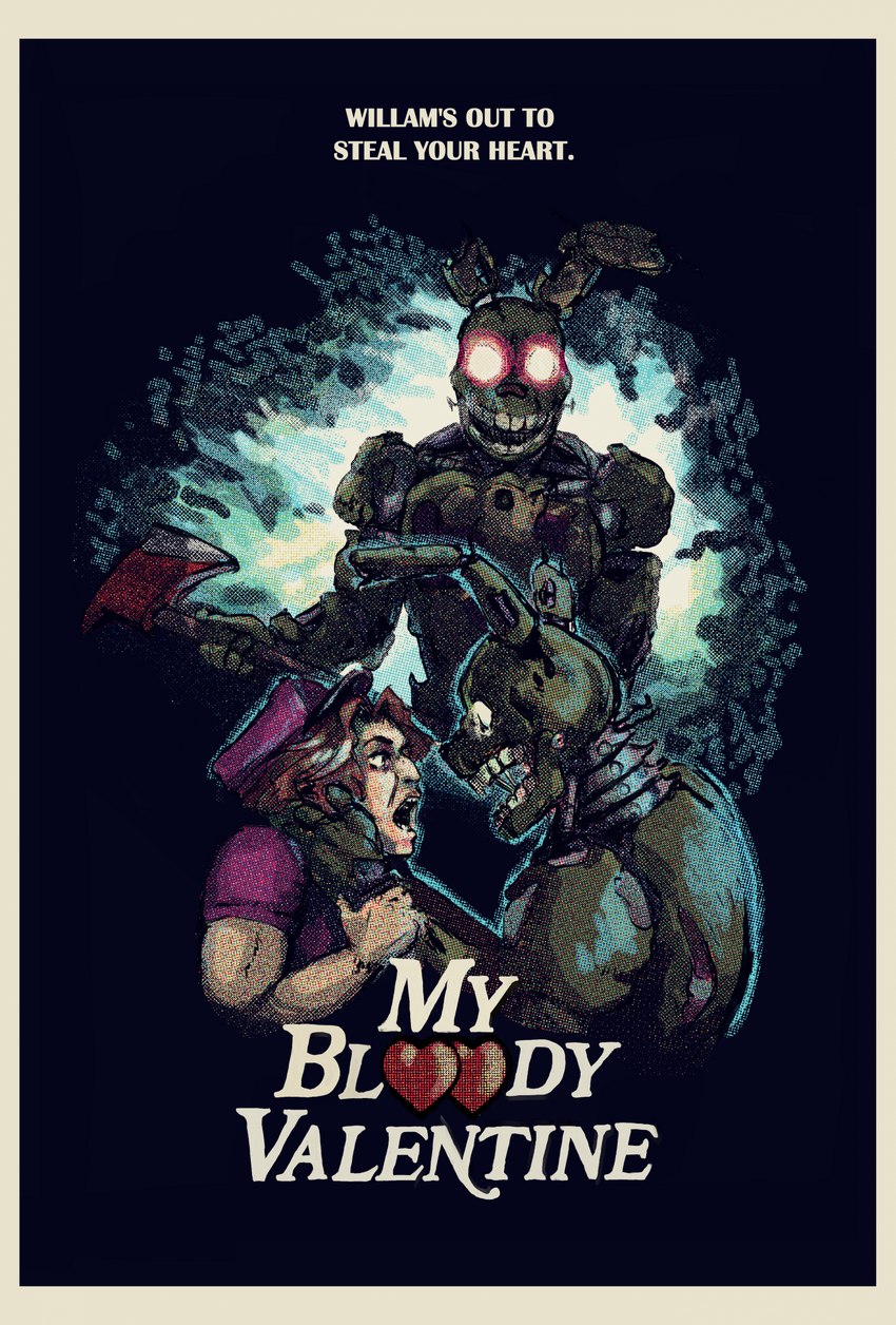 anthro axe clothing duo glowing glowing_eyes heart_font heart_symbol letter_replacement looking_at_viewer male movie_poster open_mouth parody poster poster_template simple_background teeth text title bunnysuitconman five_nights_at_freddy's five_nights_at_freddy's_3 scottgames springtrap_(fnaf) human lagomorph leporid mammal rabbit 2023 digital_media_(artwork) english_text hi_res