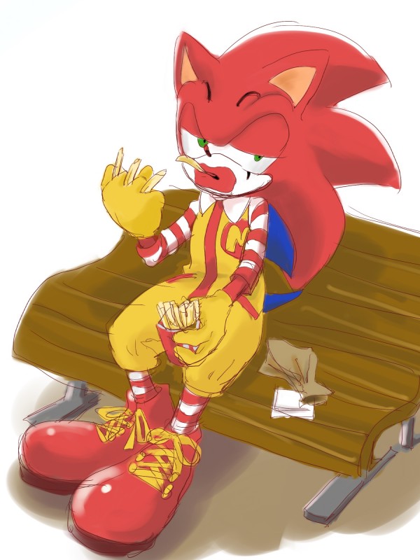 anthro big_eyes big_head biped clothing clown cosplay food footwear gloves green_eyes half-closed_eyes handwear makeup male mascot narrowed_eyes sitting solo text text_on_clothing toony gatoh mcdonald's sega sonic_the_hedgehog_(series) ronald_mcdonald sonic_the_hedgehog eulipotyphlan hedgehog mammal 2017 3:4 hi_res