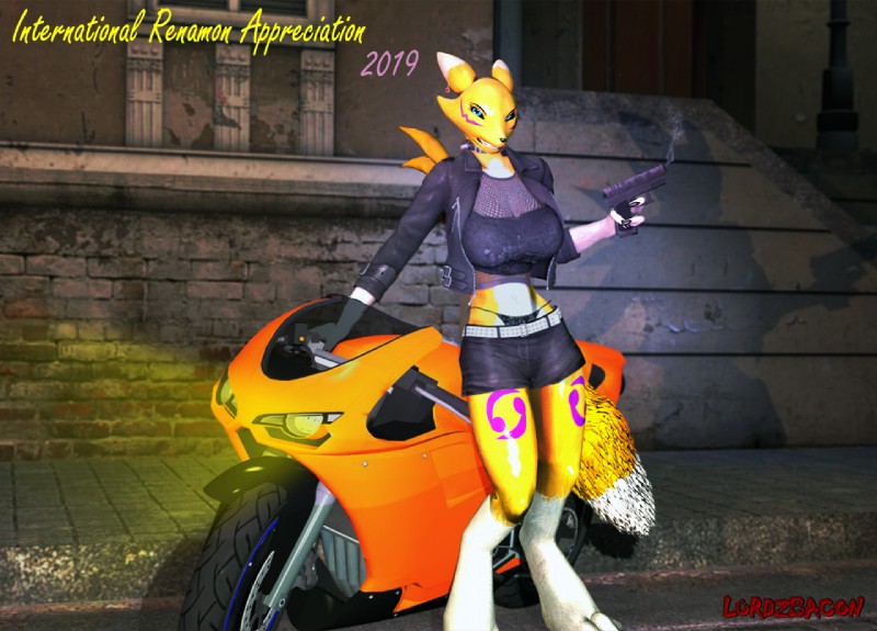 3_fingers anthro big_breasts biped black_sclera blue_eyes breasts clothed clothing digitigrade dipstick_ears dipstick_tail ear_markings ear_piercing female fingers fur gun holding_object looking_at_viewer markings motorcycle multicolored_ears multicolored_tail outside panties piercing ranged_weapon sneering solo standing tail tail_markings underwear vehicle weapon lordzbacon bandai_namco digimon garry's_mod canid canine digimon_(species) mammal renamon foxy_(disambiguation) 3d_(artwork) digital_media_(artwork)