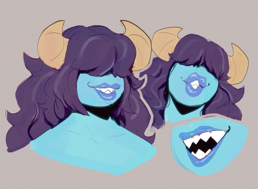 2_horns anthro blue_body blue_lips blue_skin female female_humanoid full_lips grey_background hair hair_over_eyes horn lips long_hair open_mouth purple_hair sharp_teeth simple_background solo teeth teeth_showing peculiart sue_(peculiart) demon demon_humanoid humanoid 2023 digital_media_(artwork)