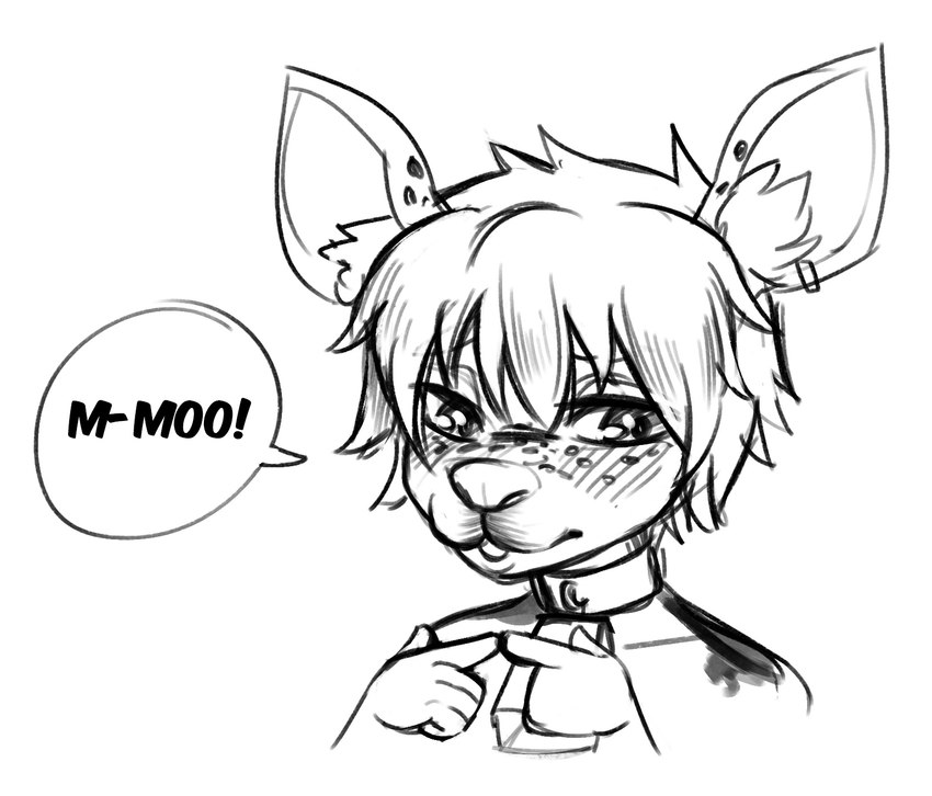 anthro blush choker collar cowbell dialogue ear_piercing embarrassed freckles fur inner_ear_fluff jewelry looking_away male mottled mottled_body mottled_fur necklace piebald piercing solo speech_bubble text tuft mabiwabi sue_lee deer mammal english_text hi_res monochrome sketch