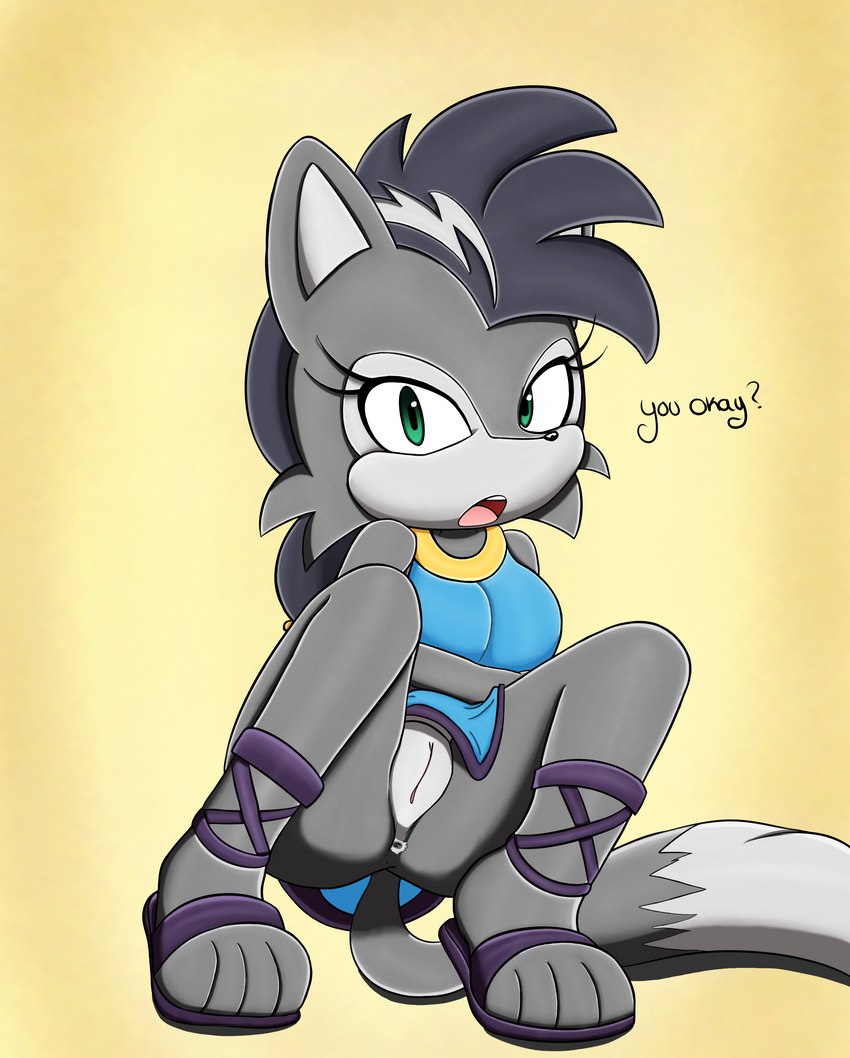 anthro anus black_hair breasts clothed clothing crouching female footwear fur genitals green_eyes grey_body grey_fur hair looking_at_viewer mostly_clothed no_underwear pussy sandals shoes simple_background solo asmadeus tenshigarden archie_comics sega sonic_the_hedgehog_(archie) sonic_the_hedgehog_(comics) sonic_the_hedgehog_(series) lupe_the_wolf canid canine canis mammal wolf absurd_res hi_res