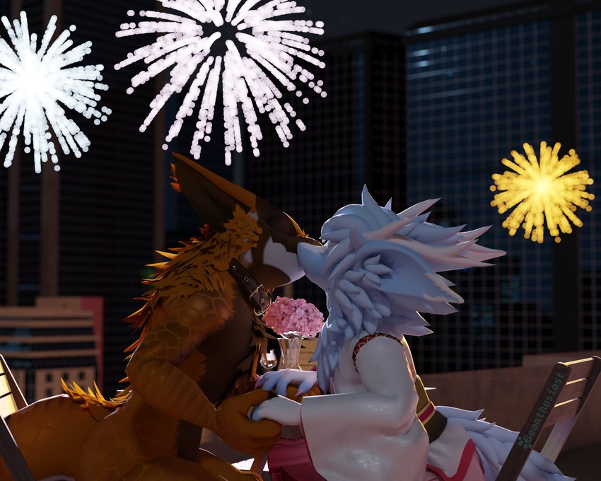 antlers asian_clothing building chair cheek_tuft city city_background clothed clothing collar collar_only east_asian_clothing eyes_closed facial_tuft fireworks flower fluffy fluffy_tail fur furniture hand_holding holidays horn japanese_clothing kimono kissing night nude on_chair outside plant scales sitting sitting_on_chair skyscraper table tail tuft vase beanthusiast blender_cycles capcom monster_hunter mythology new_year neshi_(character) yukihana dragon flying_wyvern furred_dragon furred_scalie mythological_creature mythological_scalie nargacuga scalie 2023 3d_(artwork) 5:4 blender_(artwork) digital_media_(artwork) hi_res watermark