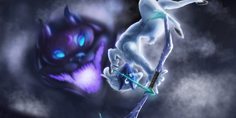 ambiguous_gender bow_(weapon) breasts cocked_bow duo dynamic female fog holding_bow_(weapon) holding_object holding_ranged_weapon holding_weapon jumping mask ranged_weapon solo_focus weapon kaislair league_of_legends riot_games tencent kindred_(lol) lamb_(lol) wolf_(lol) bovid canid canine canis caprine mammal sheep spirit wolf hi_res