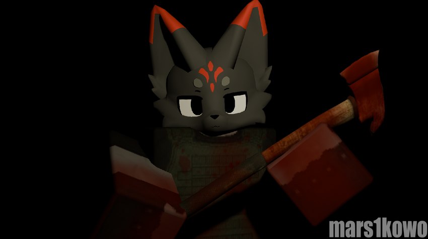 anthro armor axe black_background black_body black_clothing black_fur black_gloves black_handwear blood blood_on_clothing blood_on_hand blood_on_weapon bodily_fluids body_armor bulletproof_vest clothing fire_axe fur gloves handwear kemono looking_at_viewer male markings mars1kowo marsik red_markings simple_background smile solo topwear vest weapon blender_cycles roblox domestic_cat felid feline felis mammal 3d_(artwork) blender_(artwork) digital_media_(artwork)