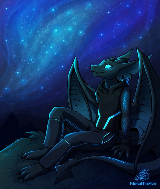 anthro barefoot blue_eyes clothed clothing feet grass male membrane_(anatomy) membranous_wings night outside plant sitting sky star starry_sky tail wings neotheta mythology theo_(neotheta) dragon mythological_creature mythological_scalie scalie 2015 hi_res