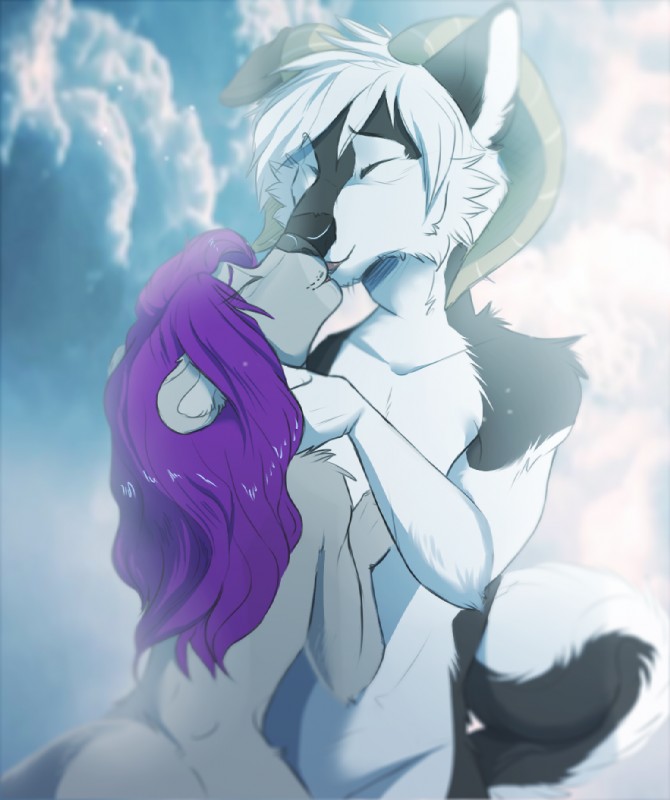 anthro black_body black_fur black_nose curved_horn day detailed_background duo eyes_closed fur hair horn kissing nude purple_hair sky white_body white_fur poisoned_(artist) canid canine hybrid mammal digital_media_(artwork)