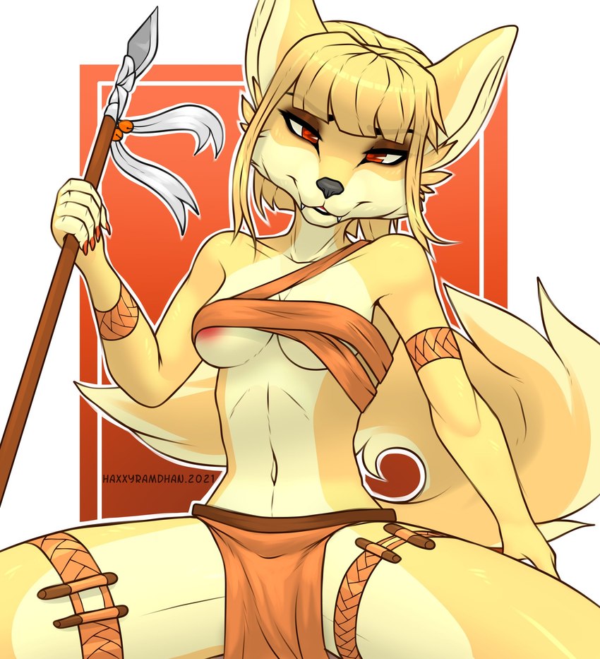 anthro armband blonde_hair bottomwear bracelet breasts clothed clothing fangs female fur hair holding_melee_weapon holding_object holding_polearm holding_spear holding_weapon jewelry legband loincloth looking_at_viewer melee_weapon polearm simple_background solo spear teeth under_boob warrior weapon yellow_body yellow_fur mashakseh canid canine fox mammal 2021 hi_res signature