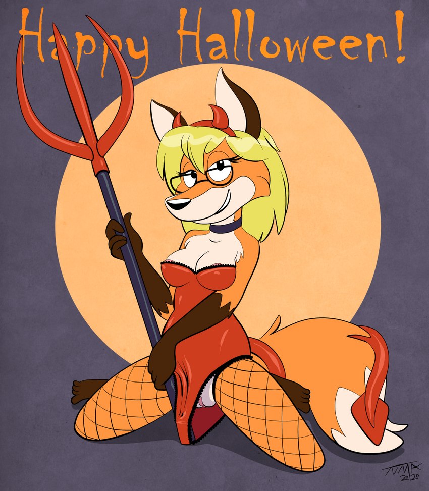 anthro clothing devil_costume eyewear female glasses holidays solo wardrobe_malfunction tvma halloween alexandra_williams canid canine fox mammal hi_res